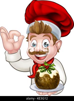 Un chef personnage wearing a santa hat holding comme un pudding de Noël et de faire un geste parfait Illustration de Vecteur