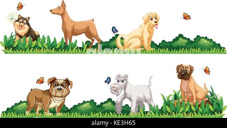 Différents types de chiens dans le jardin illustration Illustration de Vecteur