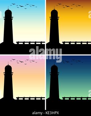 Silhouette phare avec heure différente de la journée illustration Illustration de Vecteur