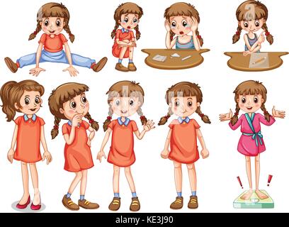 Petite fille dans différentes actions illustration Illustration de Vecteur