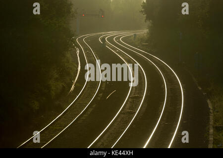 L'enroulement des lignes de chemin de fer dans la distance, Hatton Bank, Warwickshire, UK Banque D'Images