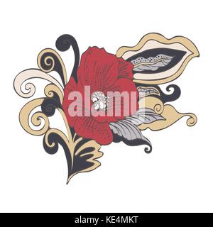 Cartoon vector abstract flower, dessinée à la main. De red bud coquelicot, pétales, la tige, les feuilles et les boucles, une couleur inhabituelle ornament isolated on white Illustration de Vecteur