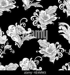 Fleurs abstrait motif floral transparent, contour contour vector cartoon, l'arrière-plan à la main, élégant ornement monochrome, couleur bouton blanc, animal. Illustration de Vecteur