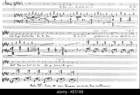 De Claude Debussy opéra 'Pelléas et Mélisande'. Note manuscrite de l'Acte III, scène 3, "Une terrasse au sortir des souterrains' Premiere à l'Opéra-Comique, Paris. Debussy, compositeur français, 22 août 1862 - 25 mars 1918. Banque D'Images