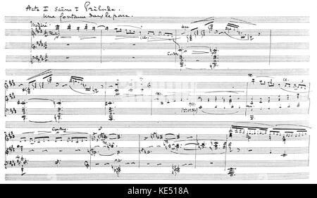 De Claude Debussy opéra 'Pelléas et Mélisande'. Note écrite à la main pour l'Acte II, scène I Prélude, 'une fontaine dans le parc''. Opéra-Comique, Paris. Debussy, compositeur français, 22 août 1862 - 25 mars 1918. Banque D'Images