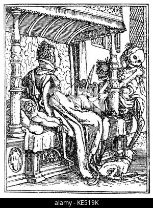 Der Totentanz (Danse Macabre ou danse de la mort) - allégorie médiévale tardive montrant la mort personnifiée. Gravure sur bois / gravure de Hans Holbein le Jeune, l'artiste allemand : ch. 1497 - 29 novembre 1543. Squelette, squelettes. Banque D'Images