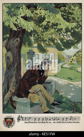 La chanson de Franz Schubert Lindentree - illustré avec la première partition. 'Am Brunnen vor dem Tore, da steht ein Lindenbaum" (l'Lindentree). L'homme assis à côté d'un puits sous un tilleul / tilleul. Compositeur autrichien, 31 janvier 1797 - 19 novembre 1828. Banque D'Images