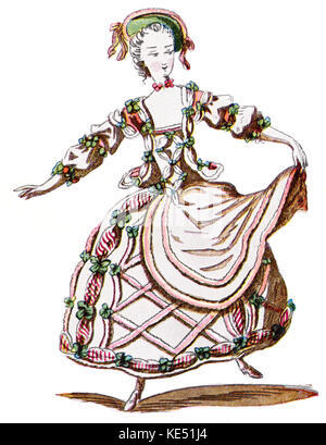 La conception de costumes pour "hepherdess' (Mlle. Allard) dans la région de Charles Simon Favart 's ballet comique 'Don Quichotte chez la Duchesse'. La musique de Joseph Bodin de Boismortier. Présenté à l'Académie Royale de Musique de Paris, 1743. Ballet pastoral. Design by Louis Boquet ou son école. Cca : 13 janvier 1910 - 12 mai 1792. JBdB : 23 décembre 1689 - 28 octobre 1755. Banque D'Images