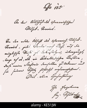 Franz Schubert - hand written lettre du compositeur autrichien, la transmission de la note pour son "Symphony in C Sharp' à l'Union musicale autrichienne. Traduction : "Pour le Comité de l'Union musicale autrichienne. Convaincu de la grande intention de la Musical Union autrichienne à l'appui de toutes les manières possibles de bon effort artistique, comme un artiste autochtone, je me permets de consacrer ma symphonie à vous, et à le recommander humblement pour un accueil favorable. Avec tout le respect, Cordialement, Franz Schubert.' FS : 31 janvier 1797 - 19 novembre 1828. Banque D'Images