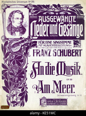 'An die Musik' & 'am Meer' - score couvrir pour les deux chansons par compositeur autrichien Franz Schubert. Portrait du compositeur avec frontispice. Publié : Hambourg et Leipzig, Anton J. Benjamin Verlag. Franz Schubert : 31 janvier 1797 - 19 novembre 1828. Banque D'Images
