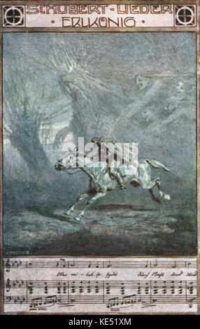 "Der Erlkönig (le roi) équitation à travers la forêt. Chanson composée par Franz Schubert, basé sur le poème de Johann Wolfgang von Goethe. Illustration par E. Kutzer. Franz Schubert, compositeur autrichien : 31 janvier 1797 - 19 novembre 1828. Johann Wolfgang von Goethe, écrivain allemand : 28 août 1749 - 22 mars 1832. Mesures de musique avec paroles en bas Banque D'Images