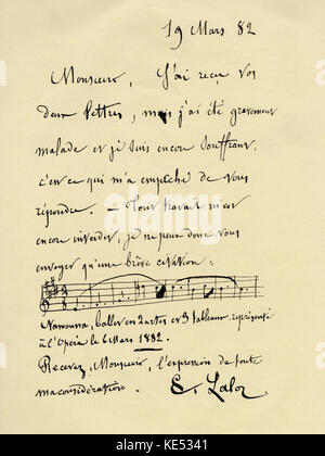 Lettre du compositeur français Édouard Lalo, datée du 19 mars 1882 - à l'aide d'un manuscrit de … Édouard Victor Antoine Lalo, compositeur français d'origine espagnole, 27 janvier 1823 - 22 Avril 1892 Banque D'Images