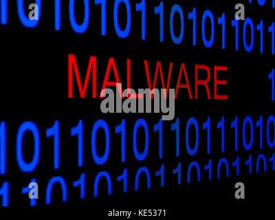 Concept de hacker informatique codes binaires texte bleu sur fond noir Rouge Malware Word Banque D'Images