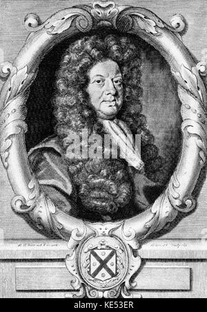 John Blow, compositeur anglais de musique d'église, organiste de l'abbaye de Westminster, et maître de H. Purcell. JB : 1649-1708. Gravure de Robert White. Banque D'Images