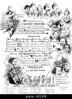 Affiche pour l'usurper d'Offenbach de Verdi. 'L'enfant Trouvere' basée sur Il Trovatore . Les noms ont été Italiansed Offembacchio à lire "Jacomo' et' Luigi Halevy" (Ludovic), et comprend "Grand Maitre de la claque', ' Orchestra composé d'un musicien…'. Performance au printemps 1857 samedi par Offenbach dans son appartement de la rue Laffitte, Paris. Compositeur allemand/français, 20 juin 1819 - 5 octobre 1880. Banque D'Images