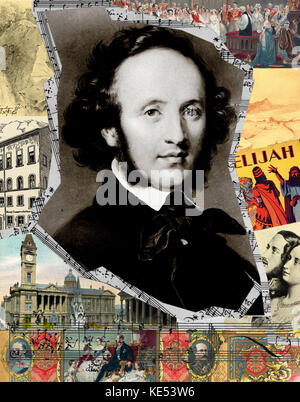 Collage de Felix Mendelssohn par Oscar Vila . . Compositeur allemand, 3 février 1809 - 4 novembre 1847. Banque D'Images