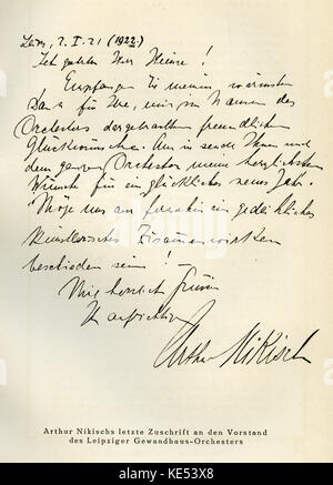 Lettre d'Arthur Nikisch pour le Gewandhaus de Leipzig et l'Orchestre Philharmonique de Berlin en 1922. Hungarian-German 12 octobre 1855 conducteur - 23 janvier 1922. Banque D'Images