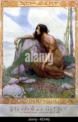 Franz Schubert lieder - Lied der Mignon. Illustration de femme assise près d'un rocher, les cheveux longs. Premières mesures de la chanson. Compositeur autrichien, 31 janvier 1797 - 19 novembre 1828. Banque D'Images