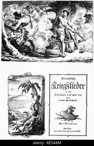 Preussische 'Preussische Kriegslieder Kriegslieder und in den Feldzügen 1756 1757 von einem Grenadier" (chansons de guerre prussien) par Johann Wilhelm Ludwig Gleim. Page de titre et frontispage de la première édition, Berlin, 1758. Poète allemand : 2 avril 1719 - 18 février 1803. Banque D'Images