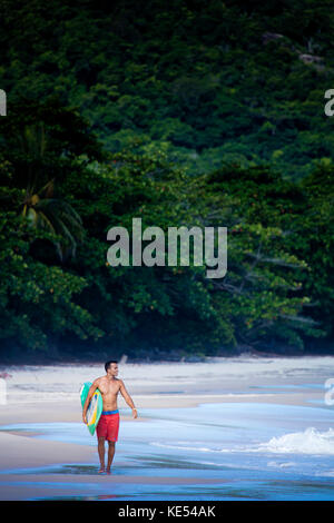 Surfer sur une plage immaculée de l'état de Rio de Janeiro, avec son conseil, qui montre un drapeau brésilien Banque D'Images