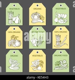Les étiquettes avec divers légumes et des inscriptions. Illustration de Vecteur