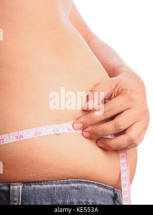 Gros homme tenant un ruban de mesure Banque D'Images