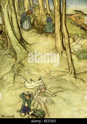 Jack et Jill, comptine. Illustration par Arthur Rackham. Illustrateur de Livres anglais 19 septembre 1867 - 6 septembre 1939. (Jack et Jill tomber en bas de la colline) Banque D'Images