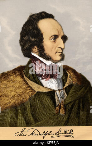 Portrait de Felix Mendelssohn. Avec signature. Compositeur allemand, 1809-1847. Version colorisée. Banque D'Images