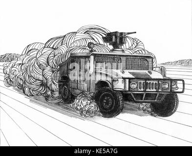 Dessin à l'encre d'un Humvee conduisant sur un chemin poussiéreux. Banque D'Images