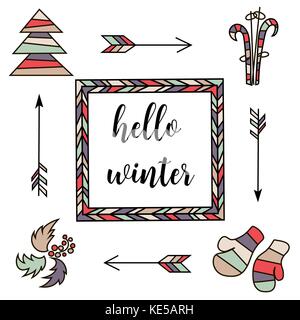 Bonjour l'hiver. retro vintage couleur typographique design. flèches, sapin, arbre de Noël, mitaines, ski, Holly, ornements Illustration de Vecteur