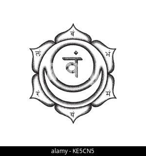 Deuxième scénario svadhishthana chakra sacré semences sanskrit mantra vam syllabes sur l'hindouisme. pétales de lotus style tattoo travail dot noir monochro dessiné à la main Illustration de Vecteur