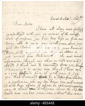 820603 Lettre à Mme Elizabeth Blackburn de sa sœur S Martineau 7 Feb 1795 Banque D'Images