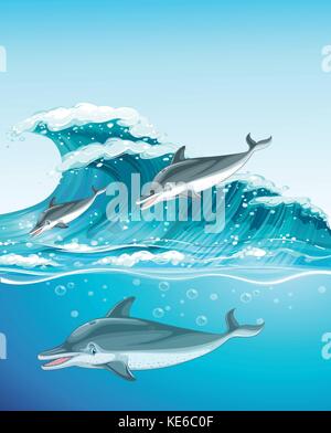 Trois dauphins nager dans l'océan illustration Illustration de Vecteur