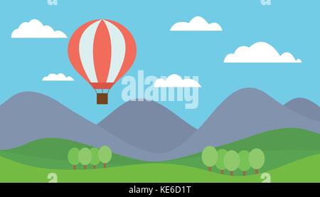 Paysage de montagne avec vue sur la caricature a red hot air balloon flying dans les collines avec des arbres sous un ciel bleu avec des nuages - vector Illustration de Vecteur