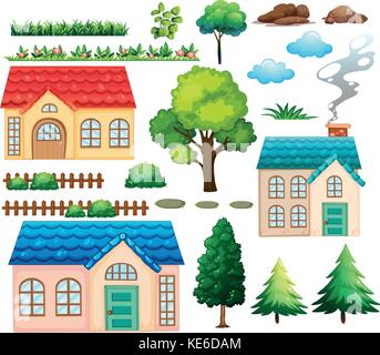 Maisons et différentes plantes illustration Illustration de Vecteur