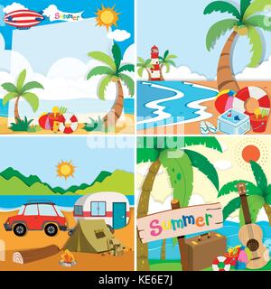 Quatre scènes de vacances d'été sur la plage illustration Illustration de Vecteur