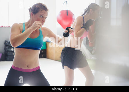 Déterminé boxers féminins shadowboxing dans la salle de gym Banque D'Images