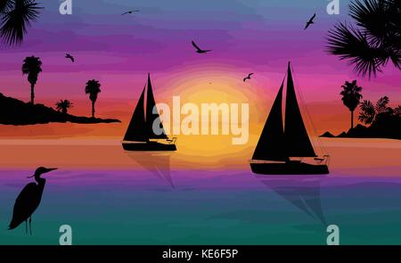 Silhouette d'un sailingboats à la mer sur le magnifique coucher de soleil, vector illustration Illustration de Vecteur