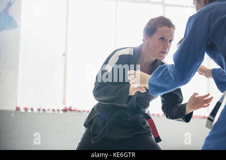 Femme déterminée et dure pratiquant le judo en salle de gym Banque D'Images