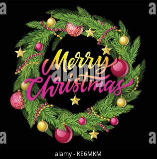 Merry Christmas wreath - vector illustration réaliste moderne avec texte calligraphie Illustration de Vecteur
