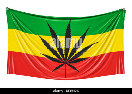 Drapeau Rasta feuille de cannabis, sur drapeau Rasta accroché au mur, 3D Rendering Banque D'Images