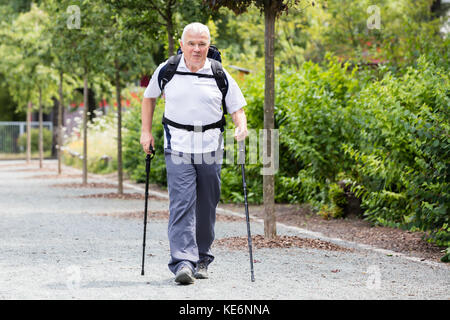 Portrait Of A Senior Male Hiker avec pôle Randonnée Banque D'Images