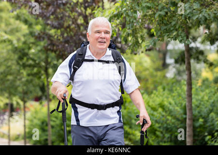 Portrait Of A Senior Male Hiker avec pôle Randonnée Banque D'Images