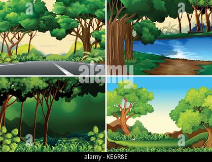 Quatre scènes de forêt et rivière Illustration de Vecteur