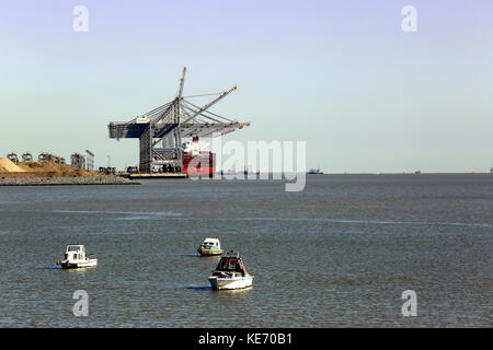 Une vue sur l''estuaire de la Tamise montrant les grues le déchargement d'un navire à la dp world, london gateway port, Coryton, Essex Banque D'Images