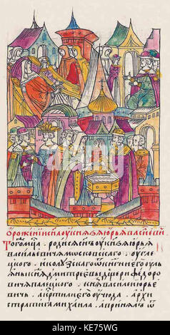 Ce titre fait référence à un récit historique, probablement tiré d'une chronique, documentant la naissance de Vassili Yuryevitch. C'est un morceau de l'histoire russe détaillant la vie d'une figure éminente. Banque D'Images