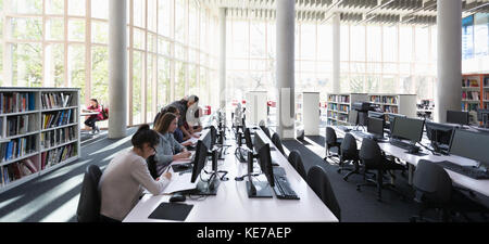 Les étudiants qui font des recherches sur les ordinateurs de la bibliothèque Banque D'Images