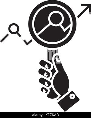 La recherche de marché - zoom dans la main - à la recherche de tendances, icône vector illustration, panneau noir sur fond isolé Illustration de Vecteur