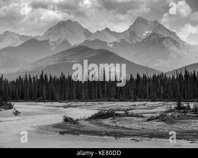 Paysage noir et blanc des montagnes rocheuses canadiennes robuste avec une forêt et une rivière qui coule dans l'avant-plan Banque D'Images