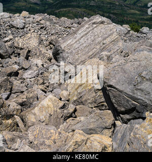 De grands morceaux de rock le glissement dans le Pas du Nid-du-Corbeau, un gigantesque éboulement de Turtle Mountain en 1903, l'enfouissement de la ville de Frank Banque D'Images